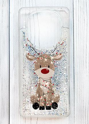 Чехол с плавающими серебряными блестками на xiaomi redmi note 14 pro 4g олень новый год (принт 429)