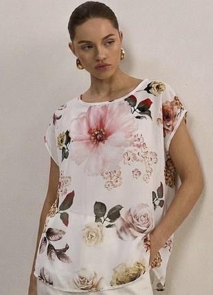 Італійська блуза charget made in italy l-xl 🌸 легка літня блуза у квітковий принт троянди та гортензії легка літня блуза