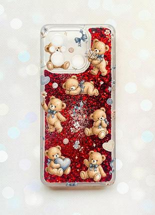 Чехол с плавающими красными блестками на xiaomi redmi 12c плюшевые медвежата (принт 430)