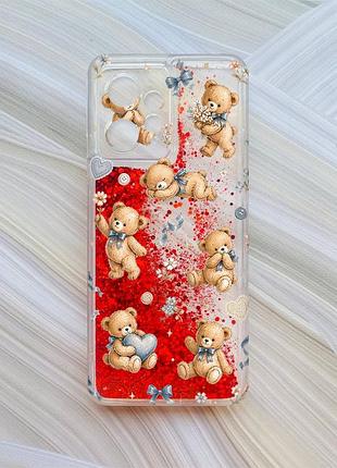 Чохол з плаваючими червоними блискітками на xiaomi redmi note 12 4g плюшеві ведмежата (принт 430)