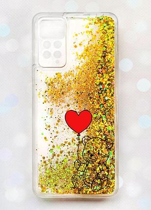 Чехол с плавающими золотыми блестками на xiaomi redmi note 11 pro медвежонок с сердечком (принт 431)