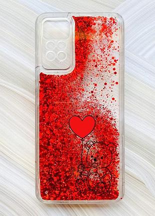 Чохол з плаваючими червоними блискітками на xiaomi redmi note 11 pro ведмежатко з сердечком (принт 431)