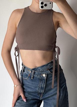 Жіночий топ з завʼязками, короткий топ в рубчик, вкорочений топ zara майка літній топ з шнурівками, літній топік на завʼязках, жіночий топік короткий