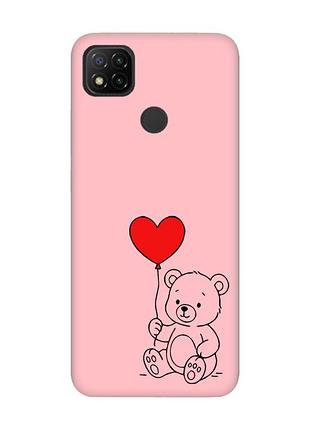 Матовый розовый чехол на xiaomi redmi 9c/10a медвежонок с сердечком (принт 431)