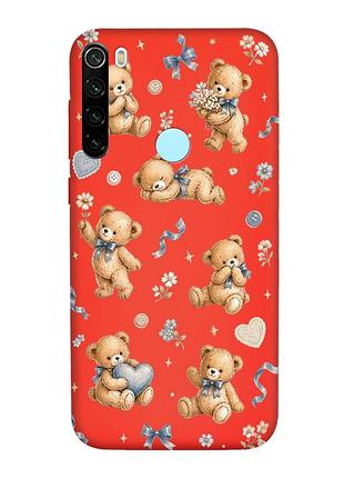 Матовый красный чехол на xiaomi redmi note 8t плюшевые медвежата (принт 430)