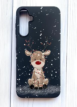 Матовый черный чехол на samsung galaxy a25 (a256) олень новый год (принт 429)