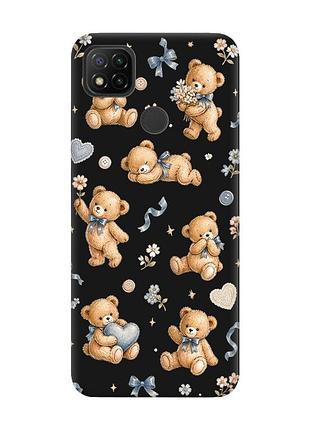 Матовый черный чехол на xiaomi redmi 9c/10a плюшевые медвежата (принт 430)