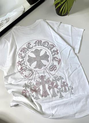 Жіноча футболка chrome hearts, трендова футболка oversize футболка хром хартс, біла футболка зі стразами хрести, жіноча футболка з принтом хрести,