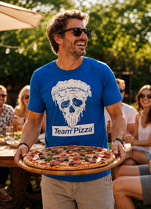 Футболка мужская синяя с рисунком и надписью pizza