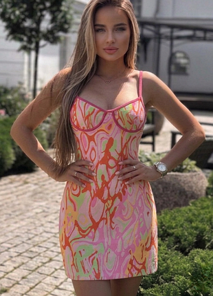 Летнее платье 💛яркий принтованный трикотаж 💖 вязаное платье zara 👗 летний мини на бретелях ✨ бюстье облегающее s /m