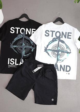 Футболка (білий)+футболка (чорний)+шорти з нейлон stone island-clone