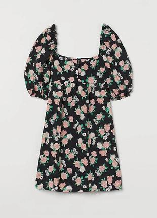 Женское черное платье в розы с рукавами фонариками h&amp;m