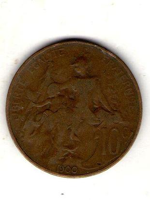 Франция третья республика 10 сантимов, 1900 год бронза, 10g, ø 30mm no3944
