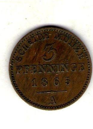 Германия королевство пруссия вильгельм i 3 пфэнги, 1865 год медь, 4.5g, ø 24.5mm no3726
