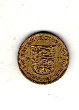 Джерси елизавета ii 1⁄4шина, 1957 год никель-латунь, 4.6g, ø 21mm no3789