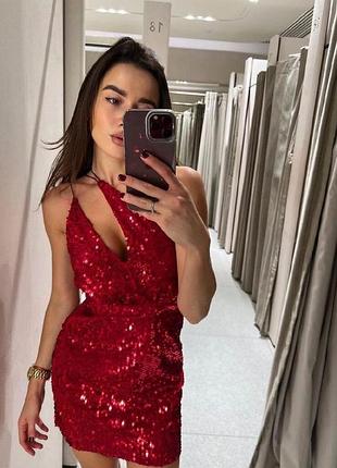 Красное мини платье с пайетками zara новое