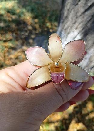 Орхидея натуральная, брош кулон, подвеска, винтаж, сингапур, позолота 22ct,