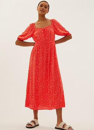 Коралловое миди платье из вискозы m&amp;s 16 размера