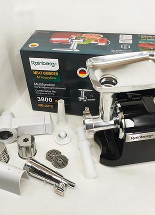 Мясорубка rainberg rb-2270 с реверсом и насадками для шинковки и колбас 3800w white