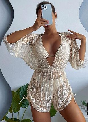 Нежная кружевная пляжная туника-накидка plus curves (off-white / молочный) размер м