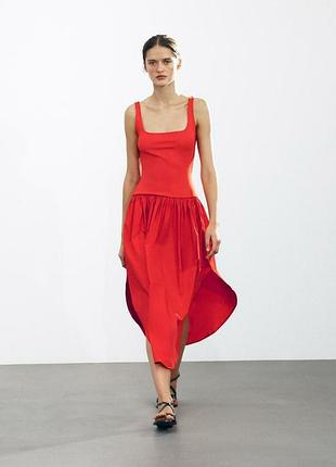 Червона сукня - міді zara на бретелях, квадратний виріз