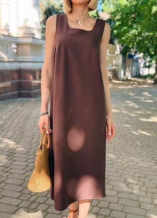 Длинное однотонное платье из льна