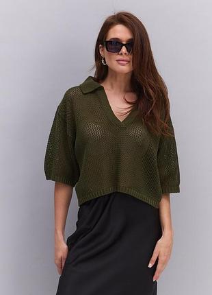 Жіноча oversize футболка поло хакі з машинної в`язки в сіточку
