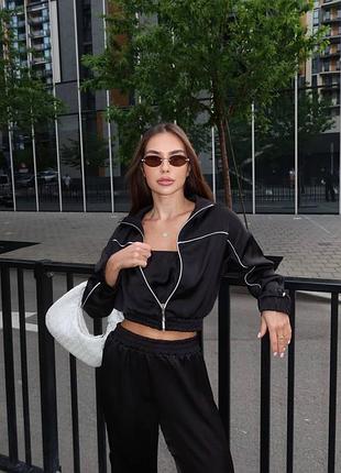 Шовковий костюм трійка шовковий спортивний костюм з топом шовковий костюм з топом та бомбером літній спортивний костюм шовк літній брючний костюм тр