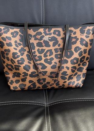 Сумка шопер леопард coach leopard city tote