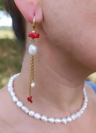 Серьги длинные коралл жемчуга