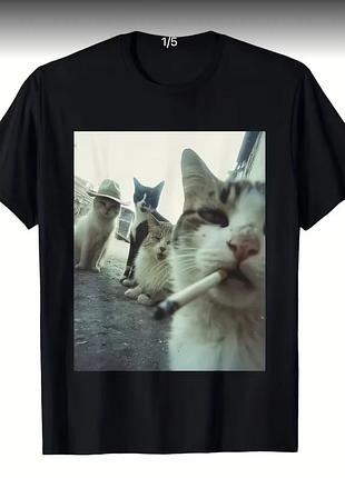 Р. 44–46 s–m футболка новая унисекс чёрная с принтом smoking cats meme brandtex