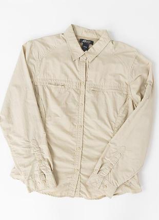 Жіноча сорочка eddie bauer sport бежевого кольору, виготовлена з легкої, нейлонової тканини. чудовий вибір для туризму, риболовлі, подорожей