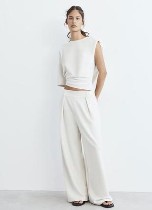 Жіночі штани pull&bear soft touch wide leg, білі штани, молочні штани, пул бір штани