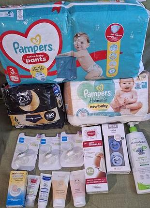 Большой детский набор (лот): pampers (3 и 1), always zzz, пустышки bibs и mam, косметика mustela, nacomi, alphanova
