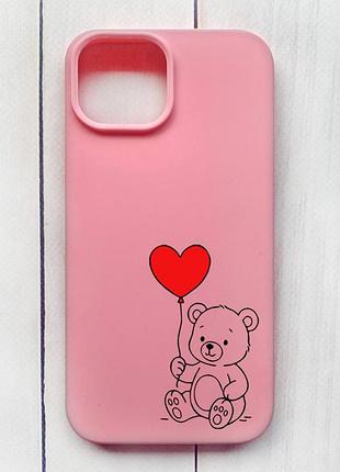 Матовый чехол на iphone 15 розовый медвежонок с сердечком (принт 431)
