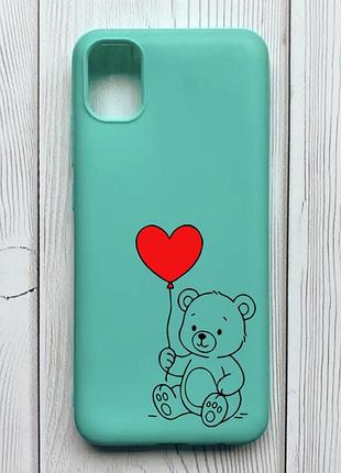 Матовый бирюзовый чехол на samsung galaxy a04e / a042 медвежонок с сердечком (принт 431)