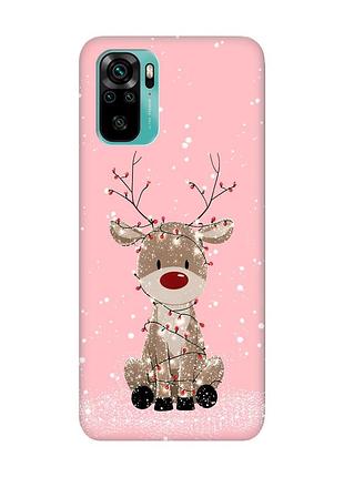 Матовый розовый чехол на xiaomi redmi note 10/note 10s олень новый год (принт 429)