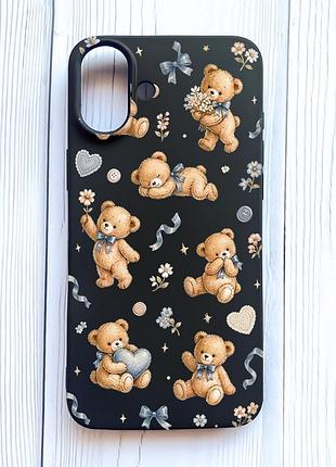 Матовий чорний чохол на iphone 16 plus плюшеві ведмежата (принт 430)