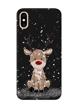 Матовый черный чехол на iphone xs max олень новый год (принт 429)