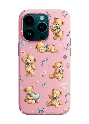 Матовый розовый чехол на apple iphone 14 pro плюшевые медвежата (принт 430)