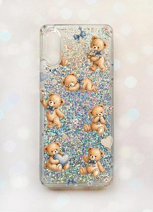 Чехол с плавающими серебряными блестками на samsung galaxy a02/a022 (2021) плюшевые медвежата (принт 430)