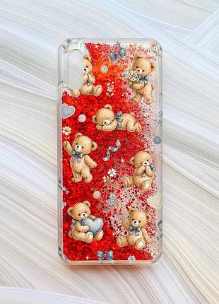 Чохол з плаваючими червоними блискітками на xiaomi redmi 9a плюшеві ведмежата (принт 430)