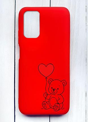 Матовый чехол на xiaomi redmi 9t красный медвежонок с сердечком (принт 431)