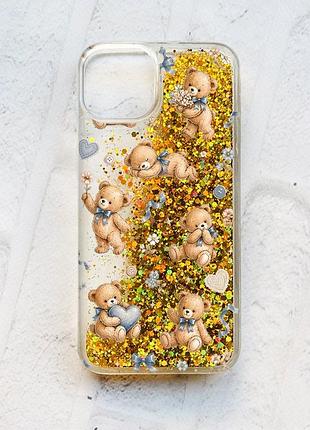 Чохол з плаваючими золотими блискітками на iphone 14 плюшеві ведмежата (принт 430)