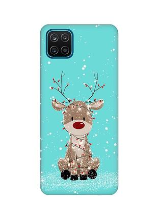 Матовый бирюзовый чехол на samsung galaxy a12 олень новый год (принт 429)