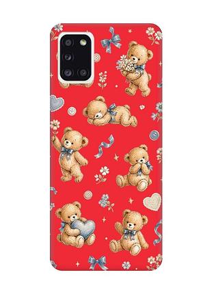 Матовий червоний чохол на samsung galaxy a31 плюшеві ведмежата (принт 430)