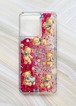 Чехол с плавающими розовыми блестками на xiaomi redmi 13c/poco c65 плюшевые медвежата (принт 430)