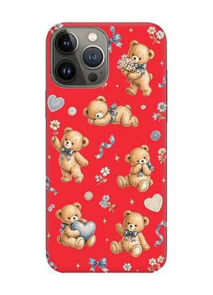 Матовый красный чехол на apple iphone 13 pro плюшевые медвежата (принт 430)