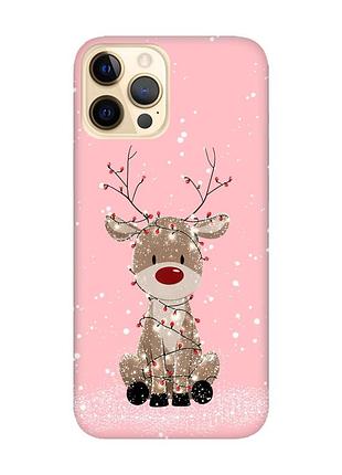 Матовый розовый чехол на apple iphone 12 pro max олень новый год (принт 429)