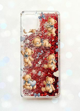 Чохол з плаваючими червоними блискітками samsung galaxy a12 плюшеві ведмежата (принт 430)
